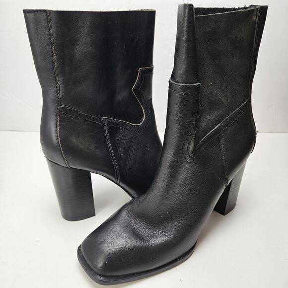 Splendid‎ Leather Stacked Heeled Booties 8 Black Boots Square Toe - Picture 3 of 11